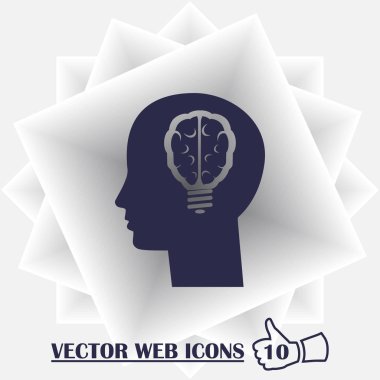 Bir adam, bir parlak fikir, buluş, ilham, zihin kavramı kafanın içinde bir ampul yanar.