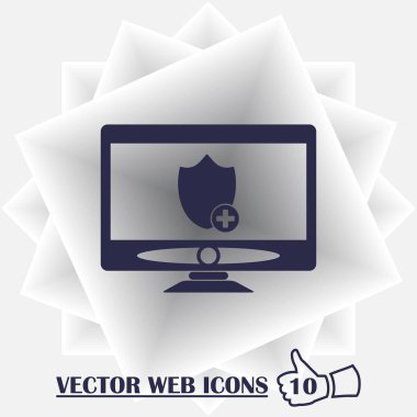 Bir monitörde bir koruyucu kalkan ile vektör masaüstü bilgisayar kutsal kişilerin resmi