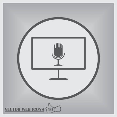 monitör ekranında çıkan erkek el mikrofon. Mavi megafon ve beyaz arka plan üzerinde izole monitör. Vektör çizim.