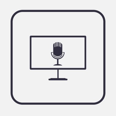 monitör ekranında çıkan erkek el mikrofon. Mavi megafon ve beyaz arka plan üzerinde izole monitör. Vektör çizim.