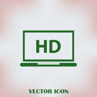 Düz ekran tv ile Hd video etiket vektör simgesi, dizüstü ekran yüksek tanımlı dijital teknoloji simgesiyle