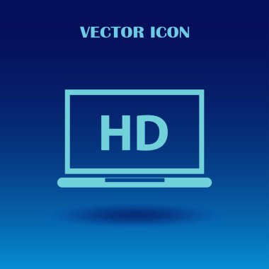 Düz ekran tv ile Hd video etiket vektör simgesi, dizüstü ekran yüksek tanımlı dijital teknoloji simgesiyle