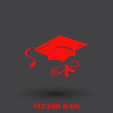 Mezuniyet kep ve haddelenmiş diploma damga ile ilerleyin. Eğitim kavramı bitirmek. Düz stil vektör çizim