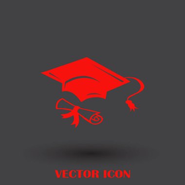 Mezuniyet kep ve haddelenmiş diploma damga ile ilerleyin. Eğitim kavramı bitirmek. Düz stil vektör çizim