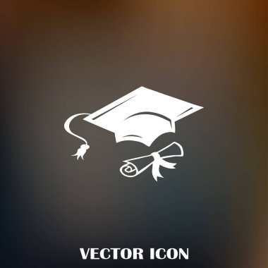 Mezuniyet kep ve haddelenmiş diploma damga ile ilerleyin. Eğitim kavramı bitirmek. Düz stil vektör çizim