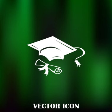 Mezuniyet kep ve haddelenmiş diploma damga ile ilerleyin. Eğitim kavramı bitirmek. Düz stil vektör çizim