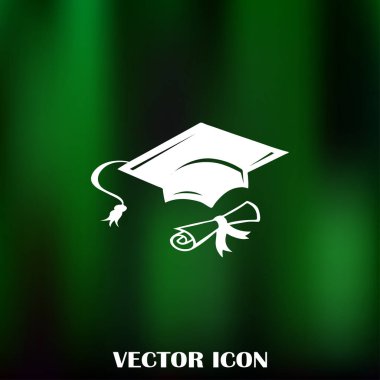 Mezuniyet kep ve haddelenmiş diploma damga ile ilerleyin. Eğitim kavramı bitirmek. Düz stil vektör çizim