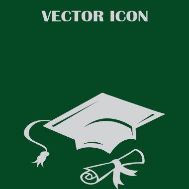 Mezuniyet kep ve haddelenmiş diploma damga ile ilerleyin. Eğitim kavramı bitirmek. Düz stil vektör çizim