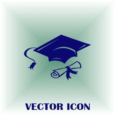 Mezuniyet kep ve haddelenmiş diploma damga ile ilerleyin. Eğitim kavramı bitirmek. Düz stil vektör çizim