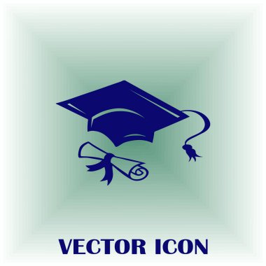 Mezuniyet kep ve haddelenmiş diploma damga ile ilerleyin. Eğitim kavramı bitirmek. Düz stil vektör çizim