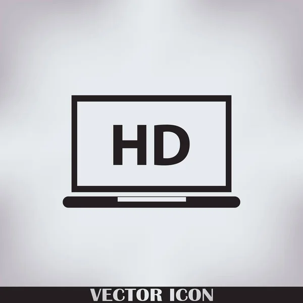 Télévision à écran plat avec icône vectorielle d'étiquette vidéo HD, écran d'ordinateur portable avec symbole de la technologie numérique haute définition — Image vectorielle