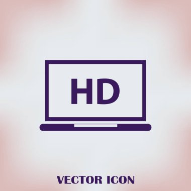 Düz ekran tv ile Hd video etiket vektör simgesi, dizüstü ekran yüksek tanımlı dijital teknoloji simgesiyle