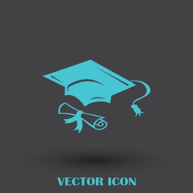 Mezuniyet kep ve haddelenmiş diploma damga ile ilerleyin. Eğitim kavramı bitirmek. Düz stil vektör çizim