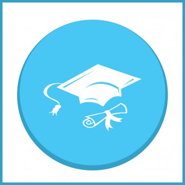 Mezuniyet kep ve haddelenmiş diploma damga ile ilerleyin. Eğitim kavramı bitirmek. Düz stil vektör çizim