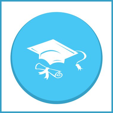 Mezuniyet kep ve haddelenmiş diploma damga ile ilerleyin. Eğitim kavramı bitirmek. Düz stil vektör çizim