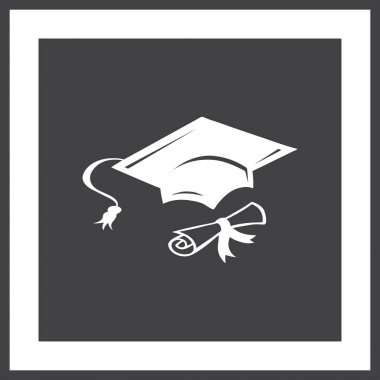 Mezuniyet kep ve haddelenmiş diploma damga ile ilerleyin. Eğitim kavramı bitirmek. Düz stil vektör çizim