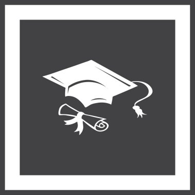 Mezuniyet kep ve haddelenmiş diploma damga ile ilerleyin. Eğitim kavramı bitirmek. Düz stil vektör çizim