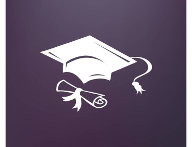 Mezuniyet kep ve haddelenmiş diploma damga ile ilerleyin. Eğitim kavramı bitirmek. Düz stil vektör çizim