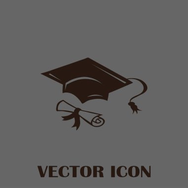 Mezuniyet kep ve haddelenmiş diploma damga ile ilerleyin. Eğitim kavramı bitirmek. Düz stil vektör çizim