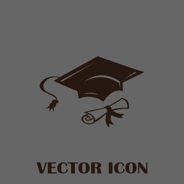 Mezuniyet kep ve haddelenmiş diploma damga ile ilerleyin. Eğitim kavramı bitirmek. Düz stil vektör çizim