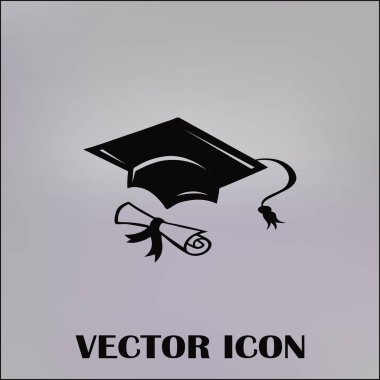 Mezuniyet kep ve haddelenmiş diploma damga ile ilerleyin. Eğitim kavramı bitirmek. Düz stil vektör çizim