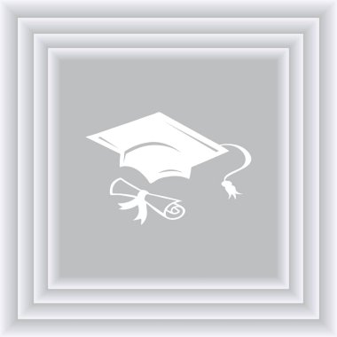 Mezuniyet kep ve haddelenmiş diploma damga ile ilerleyin. Eğitim kavramı bitirmek. Düz stil vektör çizim