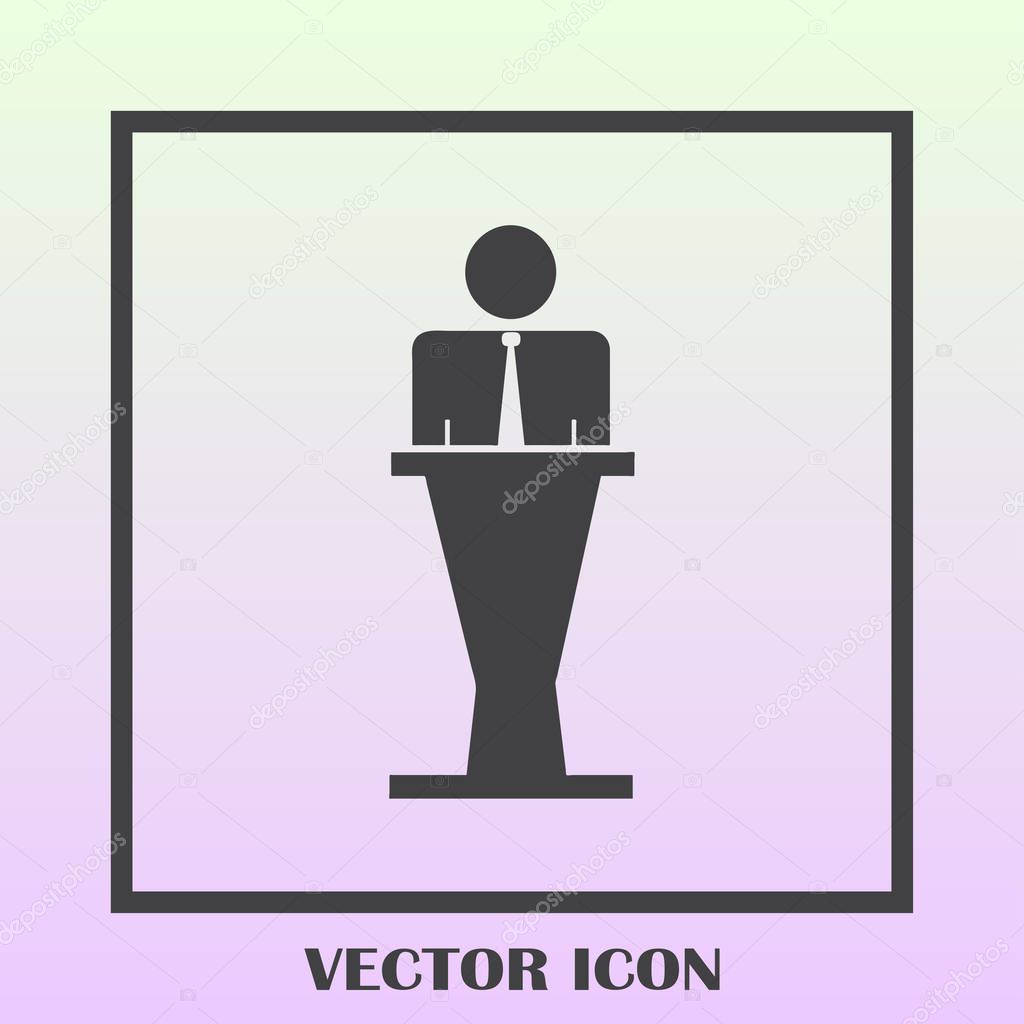 Speaker vector icon. Orator speaking from tribune illustration.