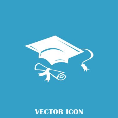 Mezuniyet kep ve haddelenmiş diploma damga ile ilerleyin. Eğitim kavramı bitirmek. Düz stil vektör çizim