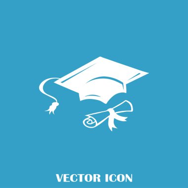 Mezuniyet kep ve haddelenmiş diploma damga ile ilerleyin. Eğitim kavramı bitirmek. Düz stil vektör çizim