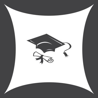 Mezuniyet kep ve haddelenmiş diploma damga ile ilerleyin. Eğitim kavramı bitirmek. Düz stil vektör çizim