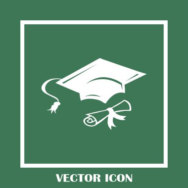 Mezuniyet kep ve haddelenmiş diploma damga ile ilerleyin. Eğitim kavramı bitirmek. Düz stil vektör çizim