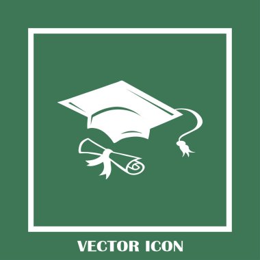 Mezuniyet kep ve haddelenmiş diploma damga ile ilerleyin. Eğitim kavramı bitirmek. Düz stil vektör çizim