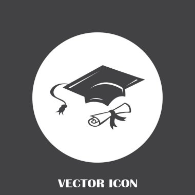 Mezuniyet kep ve haddelenmiş diploma damga ile ilerleyin. Eğitim kavramı bitirmek. Düz stil vektör çizim