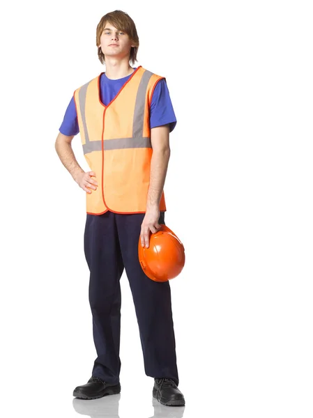 Jonge collega stagiair, student met oranje beschermende helm ha — Stockfoto