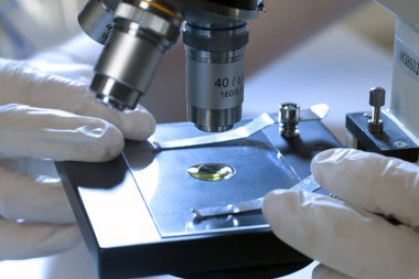 Bilim adamı ellerimle eldivenleri closeup görünümü