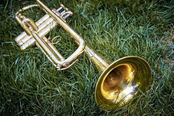 Närbild av mässing musikaliska gyllene orkester trumpet. — Stockfoto