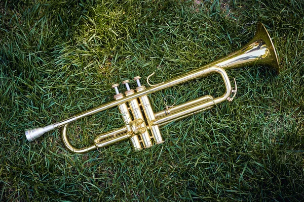 Närbild av mässing musikaliska gyllene orkester trumpet. — Stockfoto