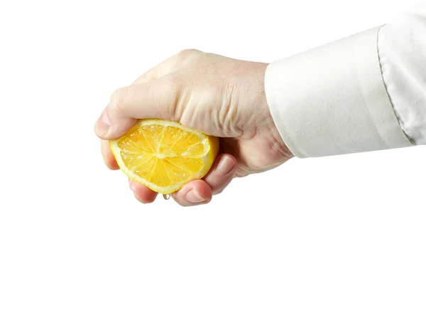 Male Hand White Shirt Squeezes Lemon Isolated White Background — Stock Photo, Image