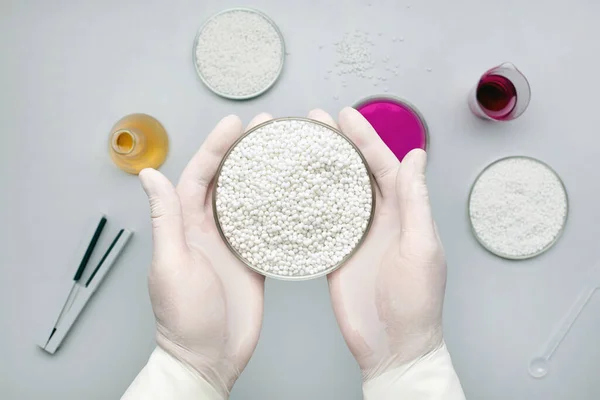 Top View Laboratory Assistant Taking Sample New Batch White Plastic — Stock Photo, Image