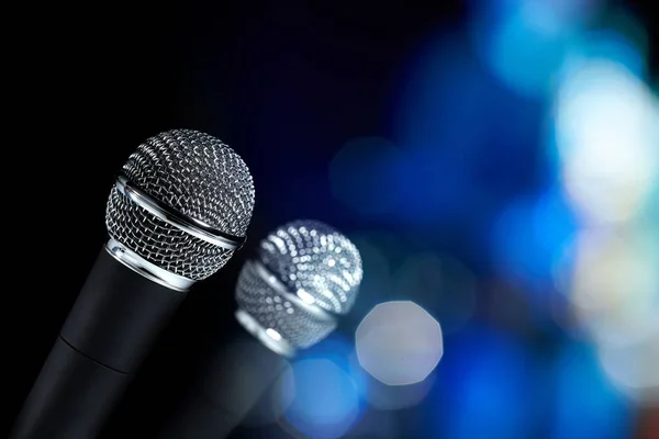 Closeup Two Modern Microphones Silver Mesh Abstract Background — Stock Photo, Image