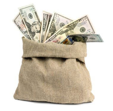 Beyaz zemin üzerinde bir çantada para