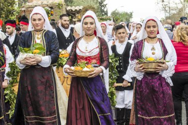 Sardunyalı geleneksel kostüm içinde geçit töreni