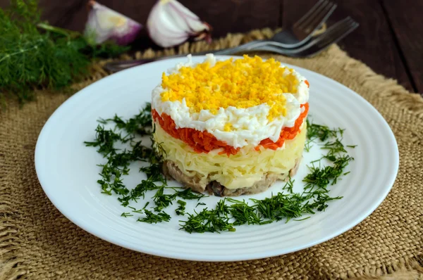 Easy Diet salad layers in the shape of a circle (tuna in oil, boiled potatoes, carrots, eggs). Alternative Slavonic traditional dish "Mimosa". — Stock Photo, Image