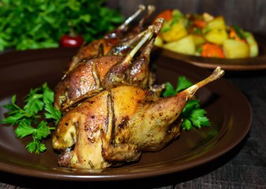 Kavrulmuş bıldırcın şiş üzerinde. Bir seramik tabak yeşillikleri ile hizmet veren. Yakın çekim. Tatil menüsü.