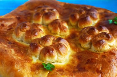 Ev yapımı pasta lahana ile mavi bir arka plan üzerinde kapat.