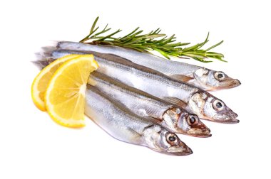 Raw fish capelin and a branch of rosemary, lemon slices isolated on white background. clipart