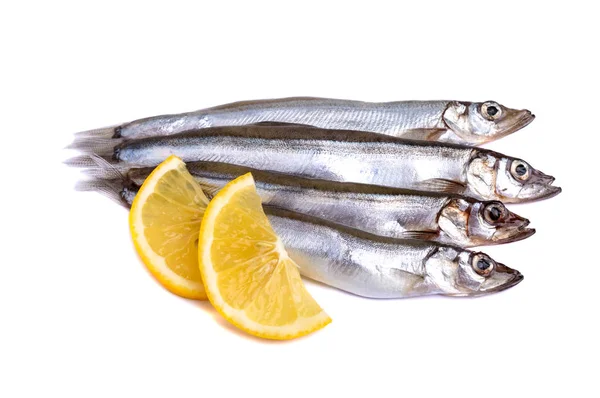Capelim de peixe cru com fatias de limão isoladas em fundo branco . — Fotografia de Stock