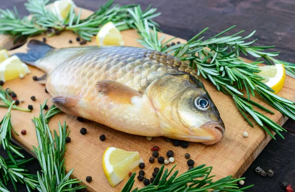 Big live carp (crucian) on a cutting board with rosemary branches. Fresh catch. Close up — Stock Photo, Image