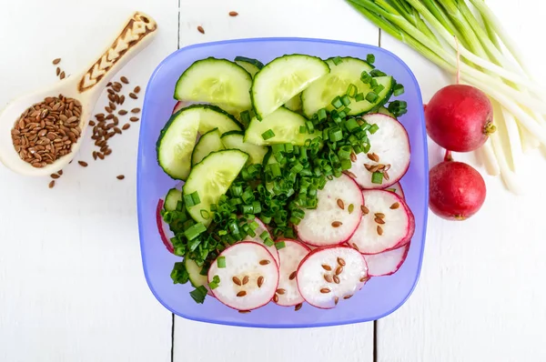 Lehké vitamín jaro - letní salát s čerstvé okurky, ředkvičky a zelená cibule — Stock fotografie