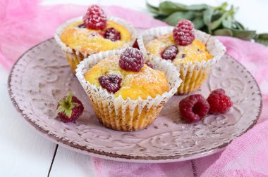 Lezzetli taze pişmiş kek ahududu ile dekore edilmiş ile pudra şekeri